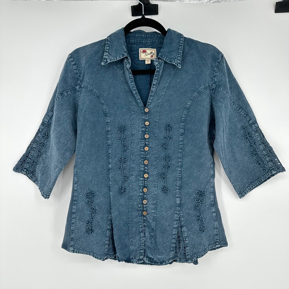 Scully Blue Chambray Embroidered Lace 3/4 Sleeve Blouse Top Western‎ Boho L